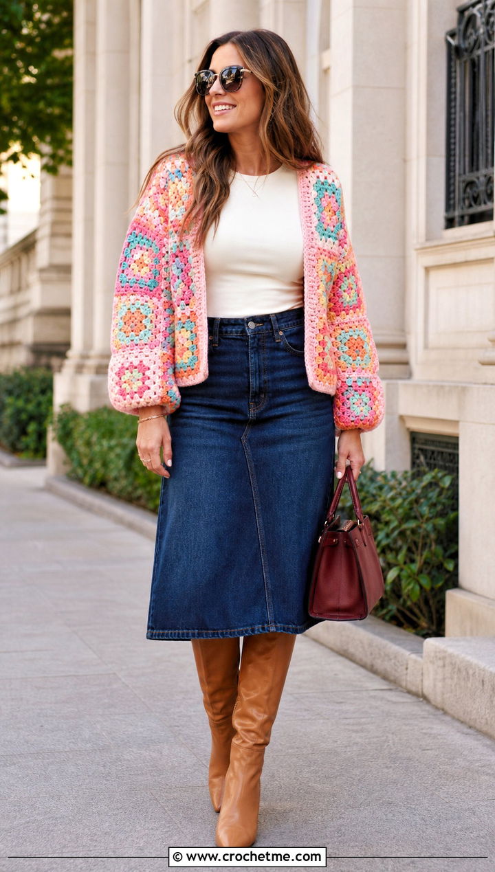 Granny Square Puffy Crochet Cardigan With Denim Skirt - 30 puffy crochet cardigan outfit ideas