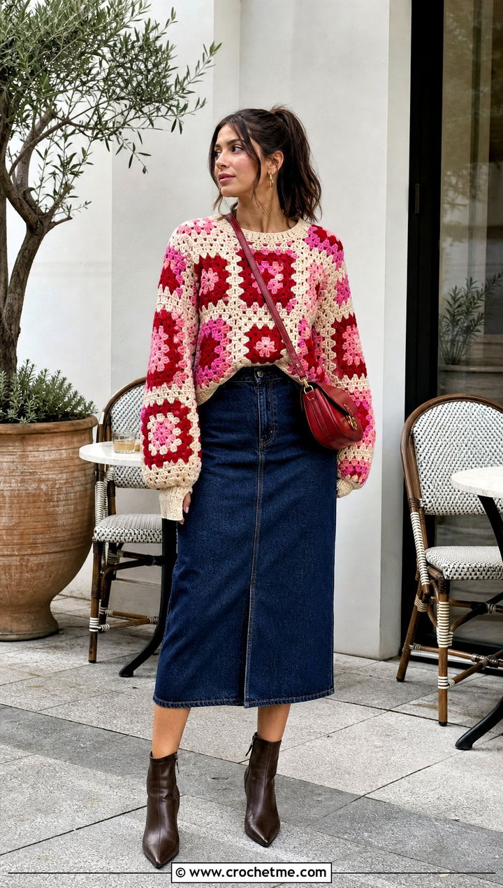 Granny Square Puffy Crochet Sweater With Denim Midi Skirt - 15 Puffy Crochet Sweater outfit ideas