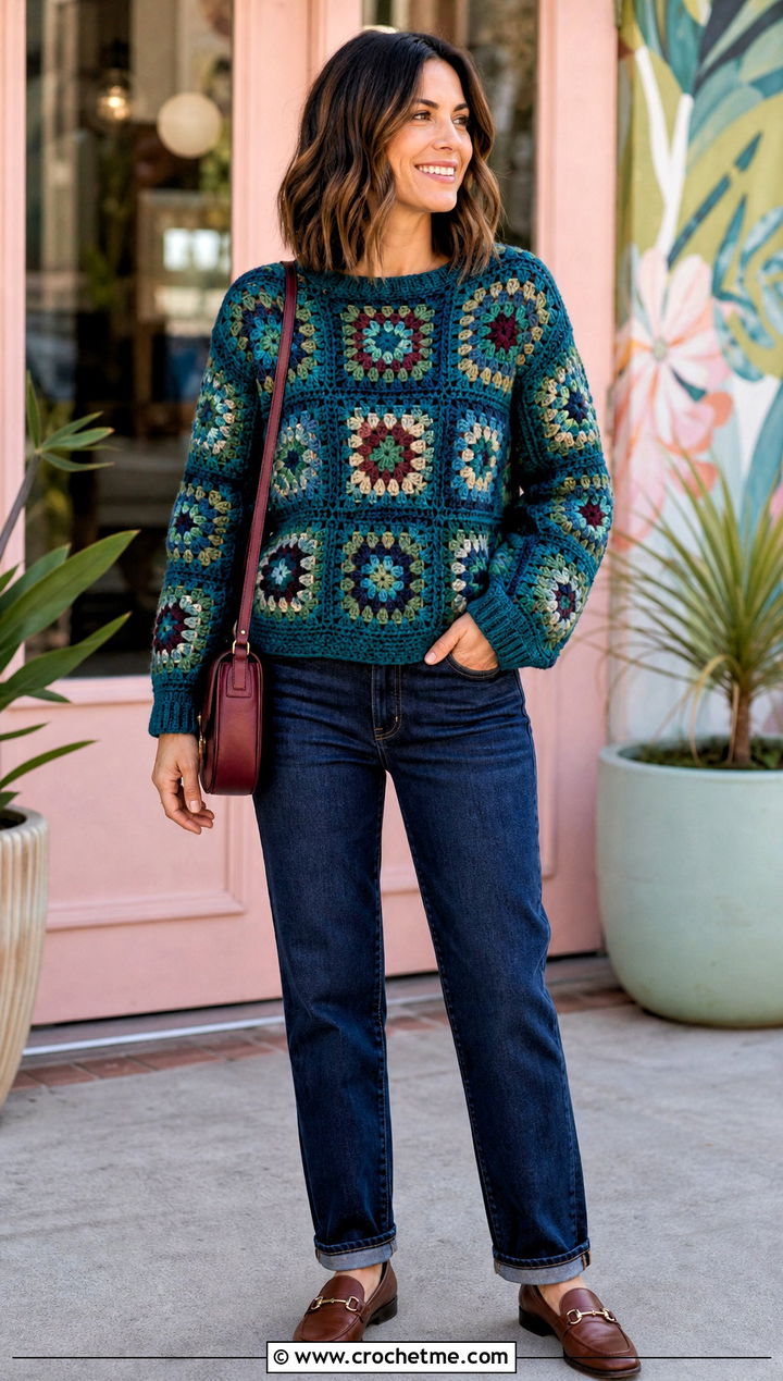 Granny Square Pullover Crochet Sweater With Straight Jeans - 30 Pullover Crochet Sweater outfit ideas