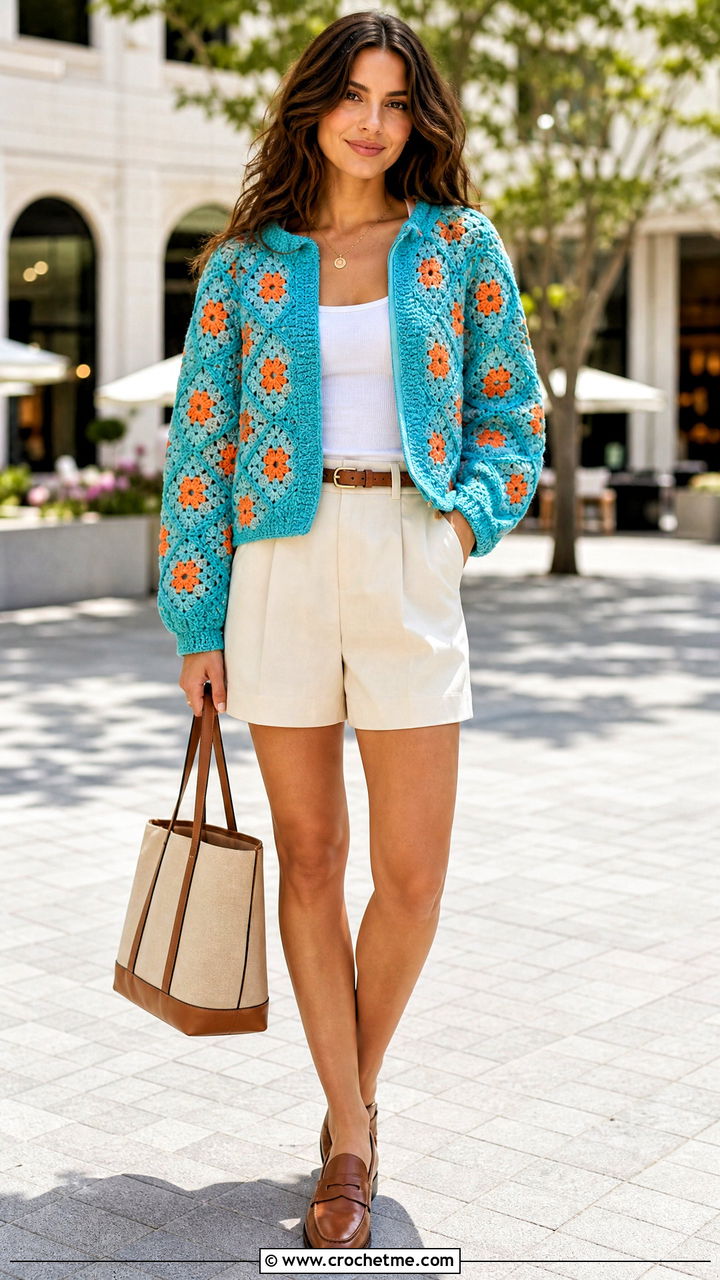 Granny Square Pullover Hoodie With Tailored Shorts - 35 granny square hoodie outfit ideas