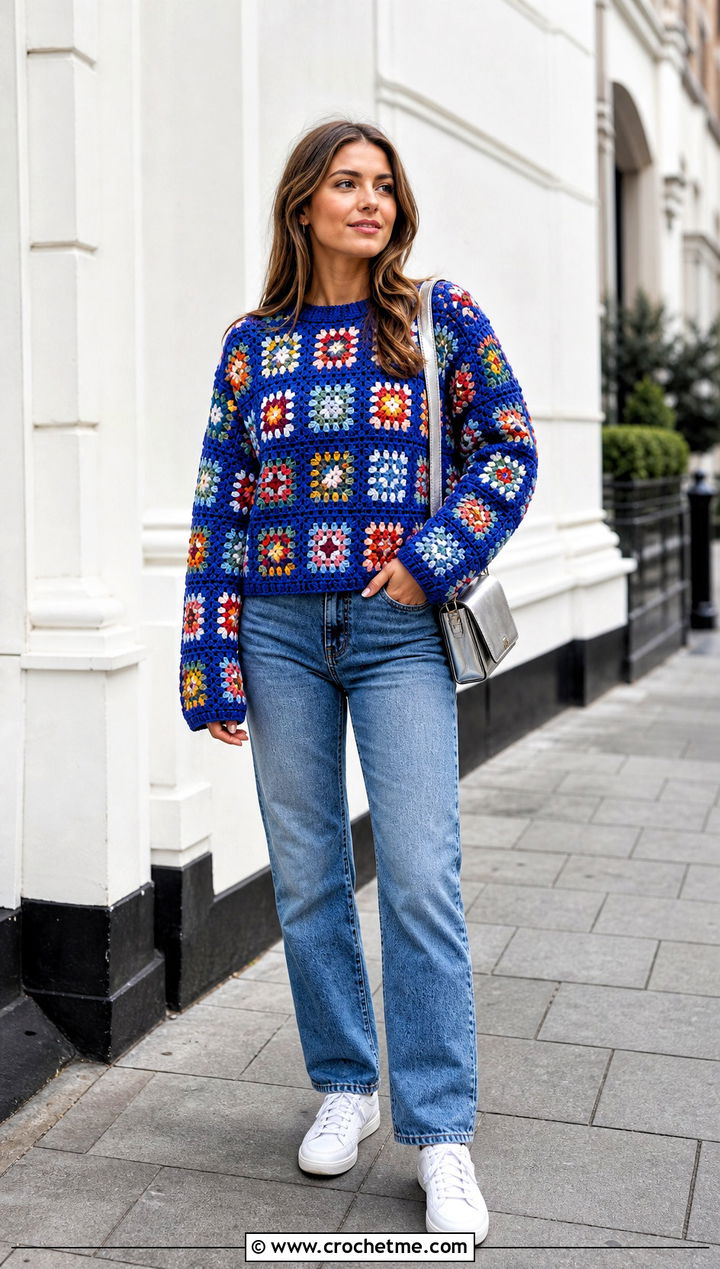 Granny Square Pullover Sweater With Straight Leg Jeans - 15 Sweaters To Crochet For Women outfit ideas