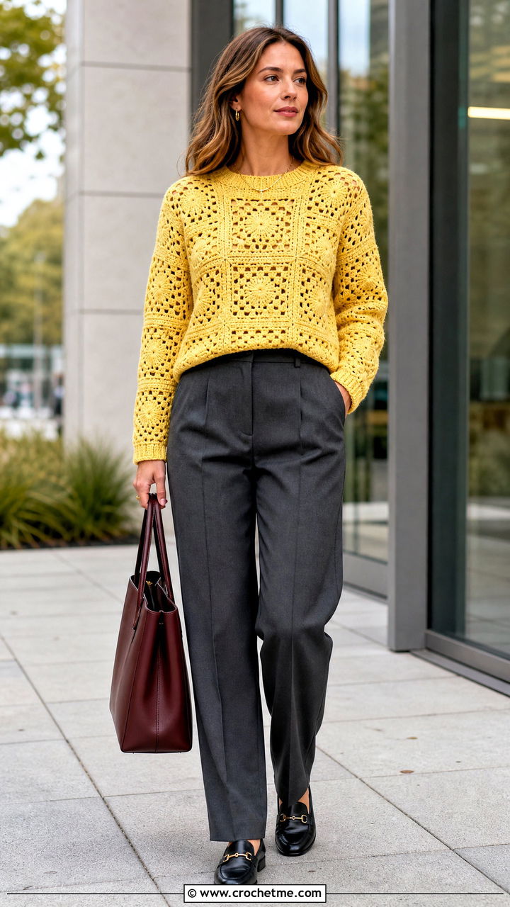 Granny Square Pullover Sweater With Tailored Trousers - 35 granny square clothes and outfit ideas