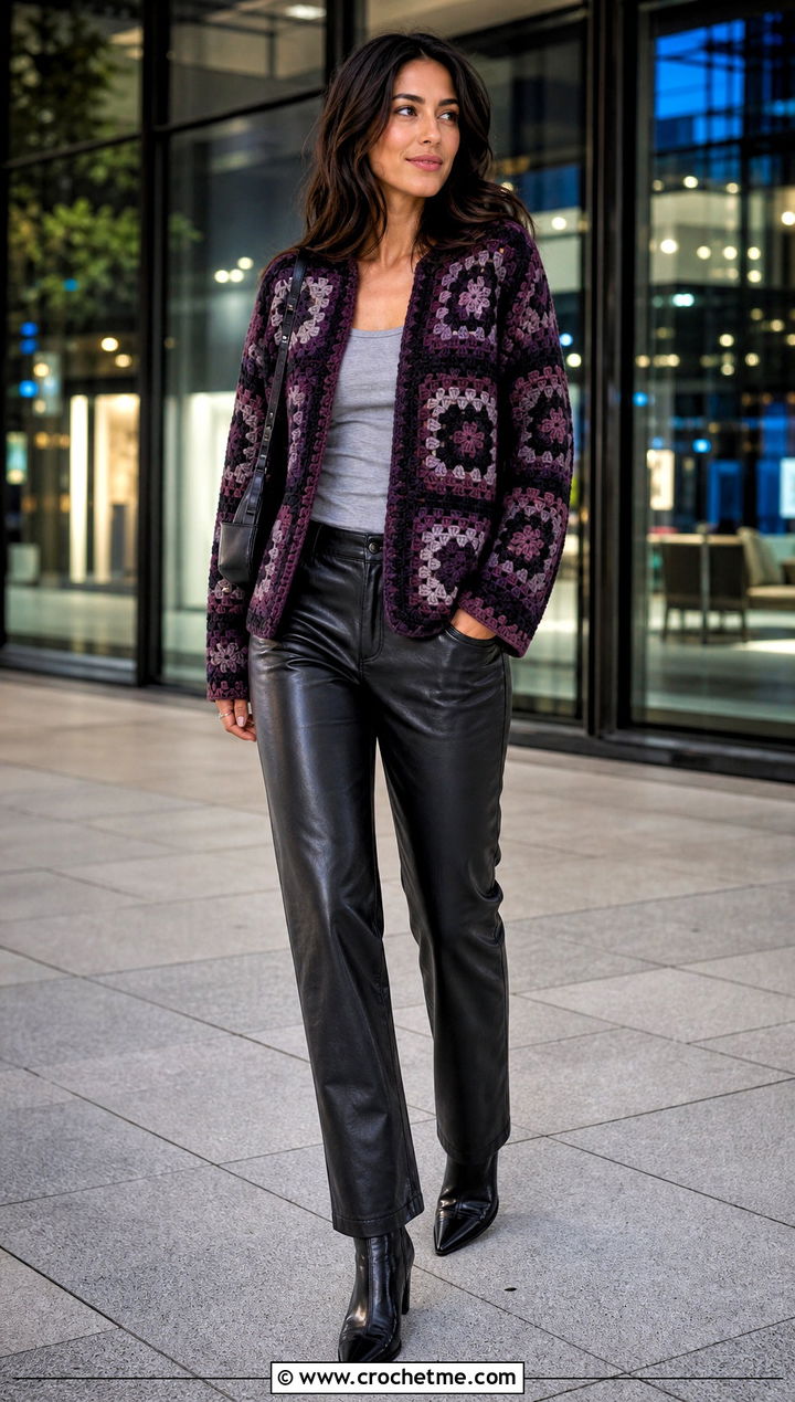 Granny Square Pullover With Leather Pants - 35 Granny Square Clothing Ideas