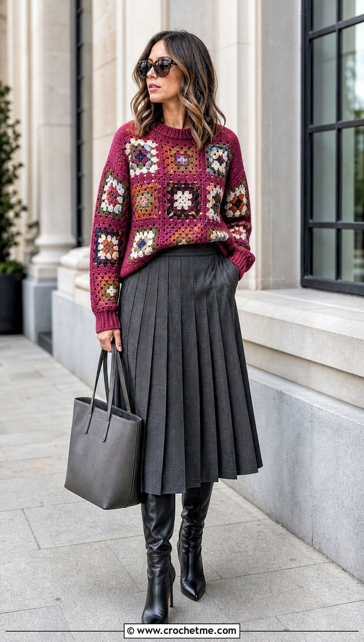 Granny Square Pullover With Pleated Midi Skirt - 25 Crochet Clothes With Granny Squares outfit ideas
