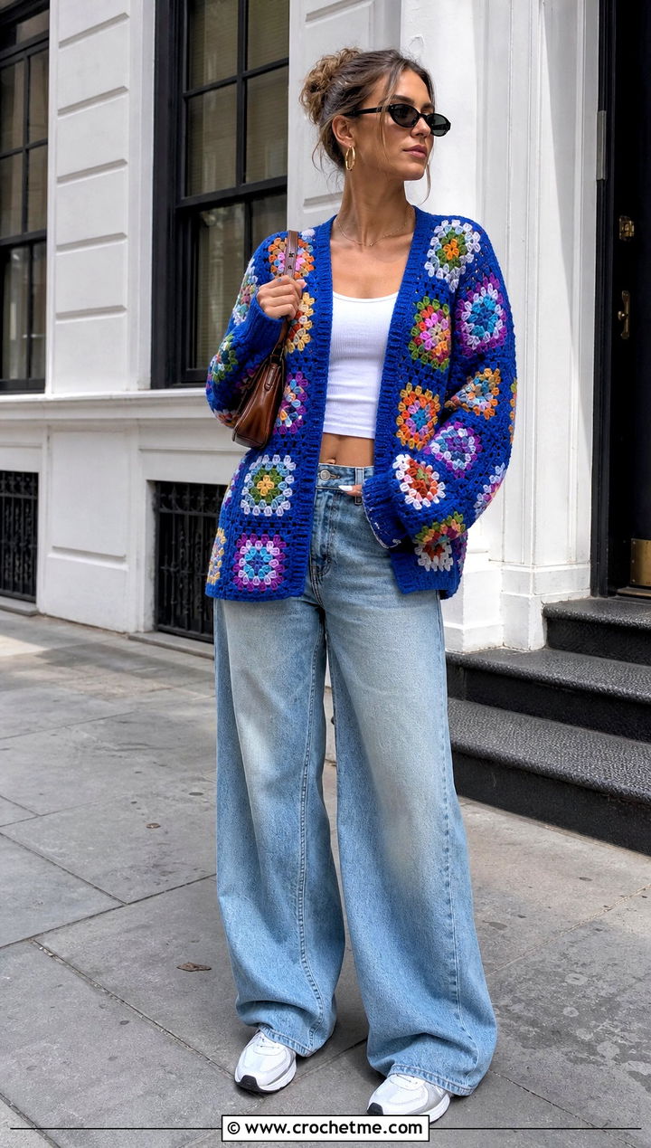 Granny Square Pullover With Wide Leg Jeans - 35 crocheted sweaters outfit ideas