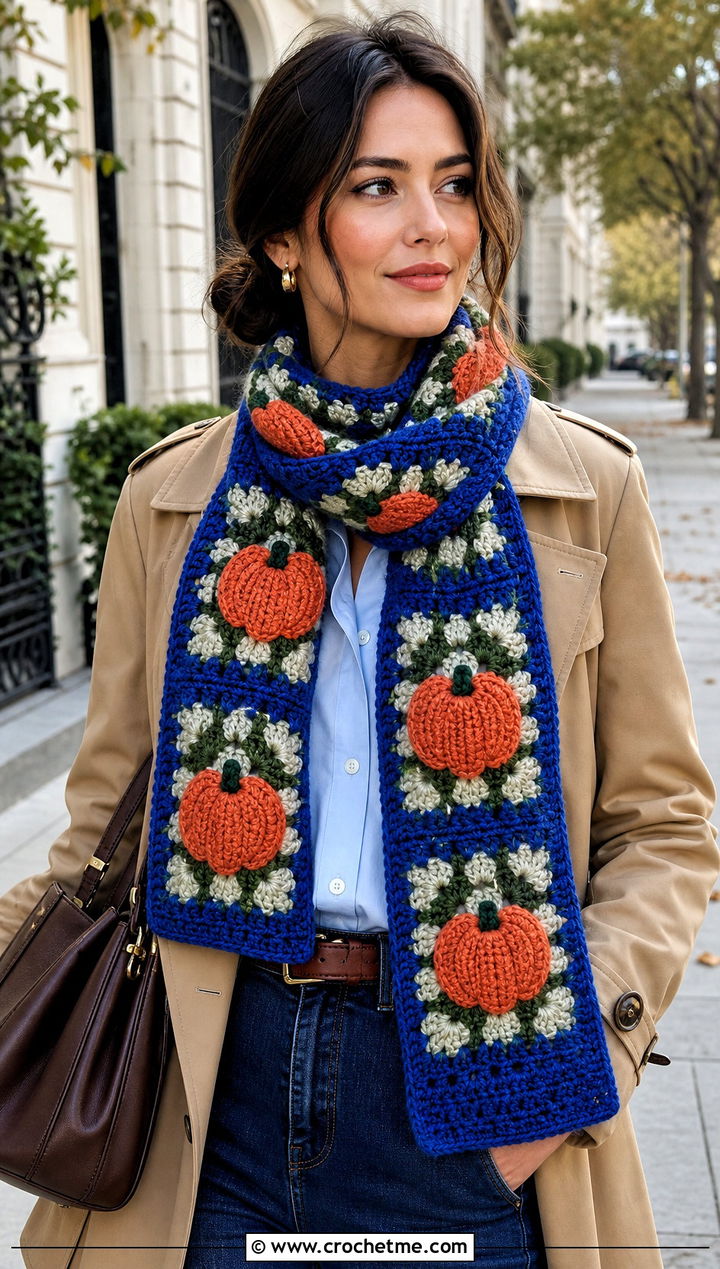 Granny Square Pumpkin Scarf With Trench Coat - 15 crochet pumpkin scarf outfit ideas
