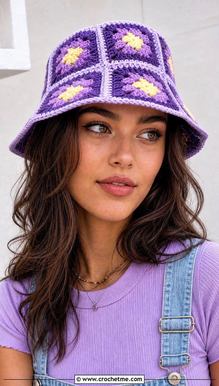 Granny Square Purple Crochet Bucket Hat With Denim Overalls - 30 purple crochet bucket hat outfit ideas