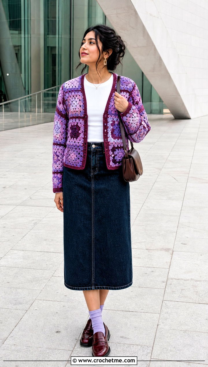 Granny Square Purple Crochet Cardigan With Denim Skirt - 35 purple crochet cardigan outfit ideas