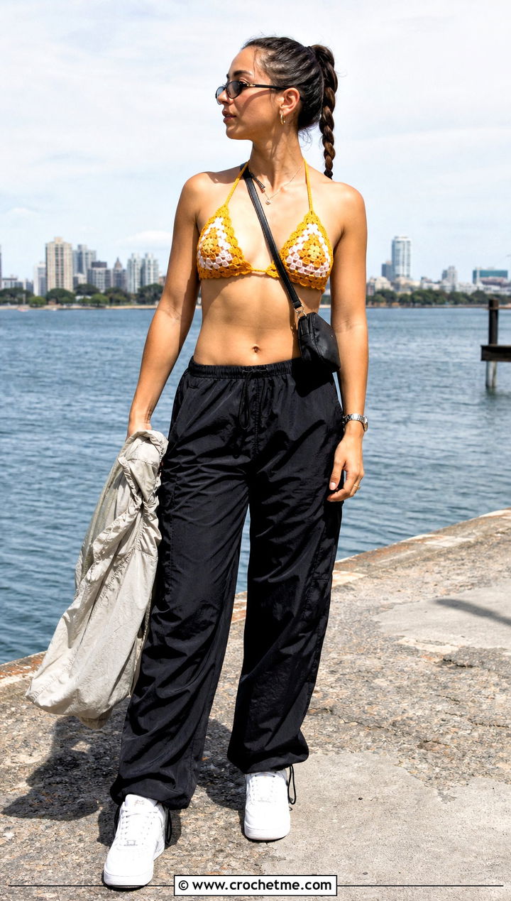 Granny Square Racerback Bikini With Nylon Cargo Pants - 25 Granny Square Bathing Suit outfit ideas
