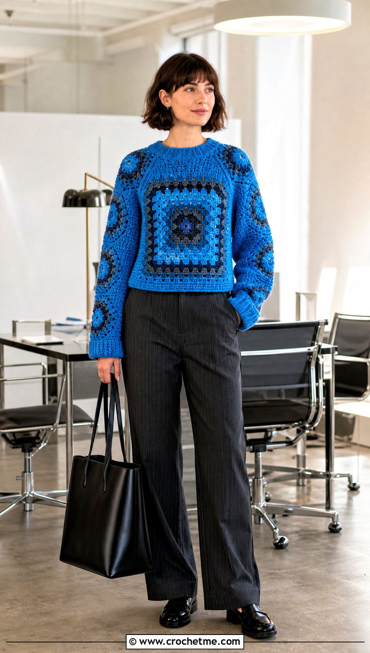 Granny Square Raglan Sweater With Pinstripe Pants - 25 granny square stitch sweater outfit ideas