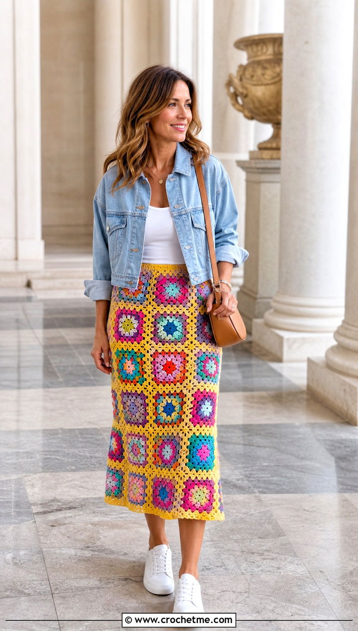 Granny Square Rainbow Crochet Midi Skirt With Denim Jacket - 25 Rainbow Crochet Skirt outfit ideas