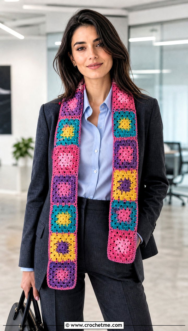 Granny Square Rainbow Scarf With Blazer And Trousers - 15 Crochet Rainbow Scarf outfit ideas