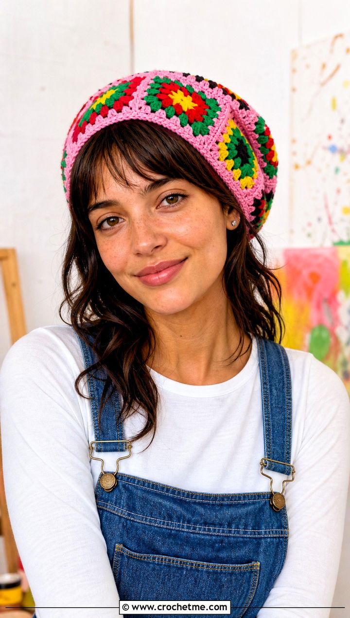 Granny Square Rasta Beanie With Overalls - 25 crochet rasta beanie outfit ideas