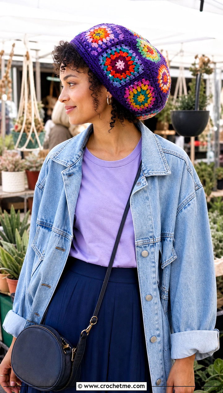 Granny Square Rasta Tam With Denim Jacket And Midi Skirt - 15 Crochet Bob Marley Hat outfit ideas