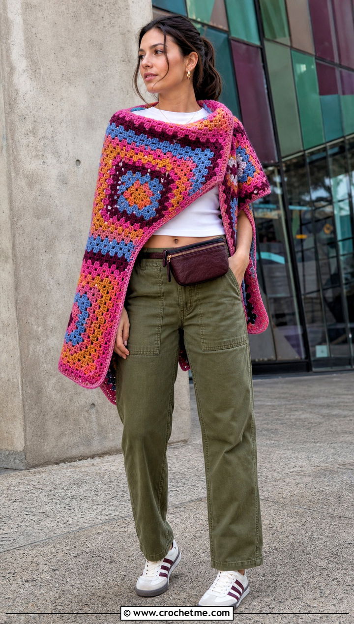 Granny Square Rectangle Crochet Poncho With Utility Pants - 15 Easy Crochet Poncho From A Rectangle outfit ideas