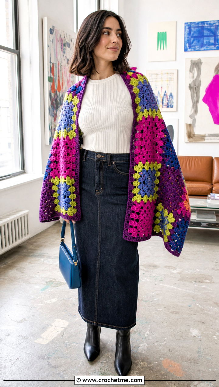 Granny Square Rectangle Crochet Shawl With Column Skirt - 25 Easy Rectangle Crochet Shawl outfit ideas