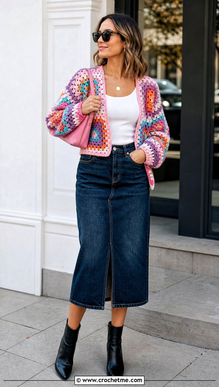 Granny Square Rectangle Crochet Shrug With Denim Skirt - 20 Rectangle Crochet Shrug outfit ideas