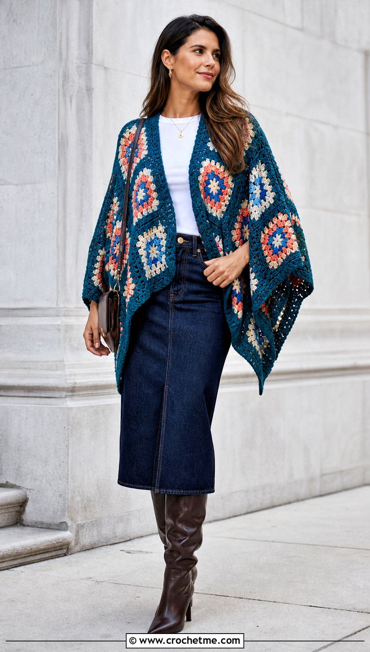 Granny Square Rectangle Poncho With Denim Midi Skirt - 30 crochet rectangle poncho outfit ideas