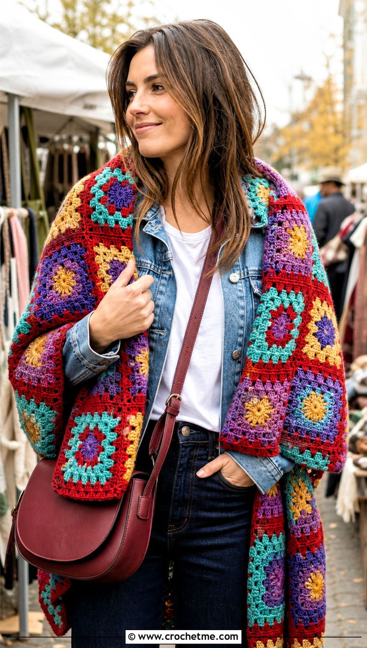 Granny Square Rectangle Shawl With Denim Jacket - 25 Easy Crochet Rectangle Shawl outfit ideas