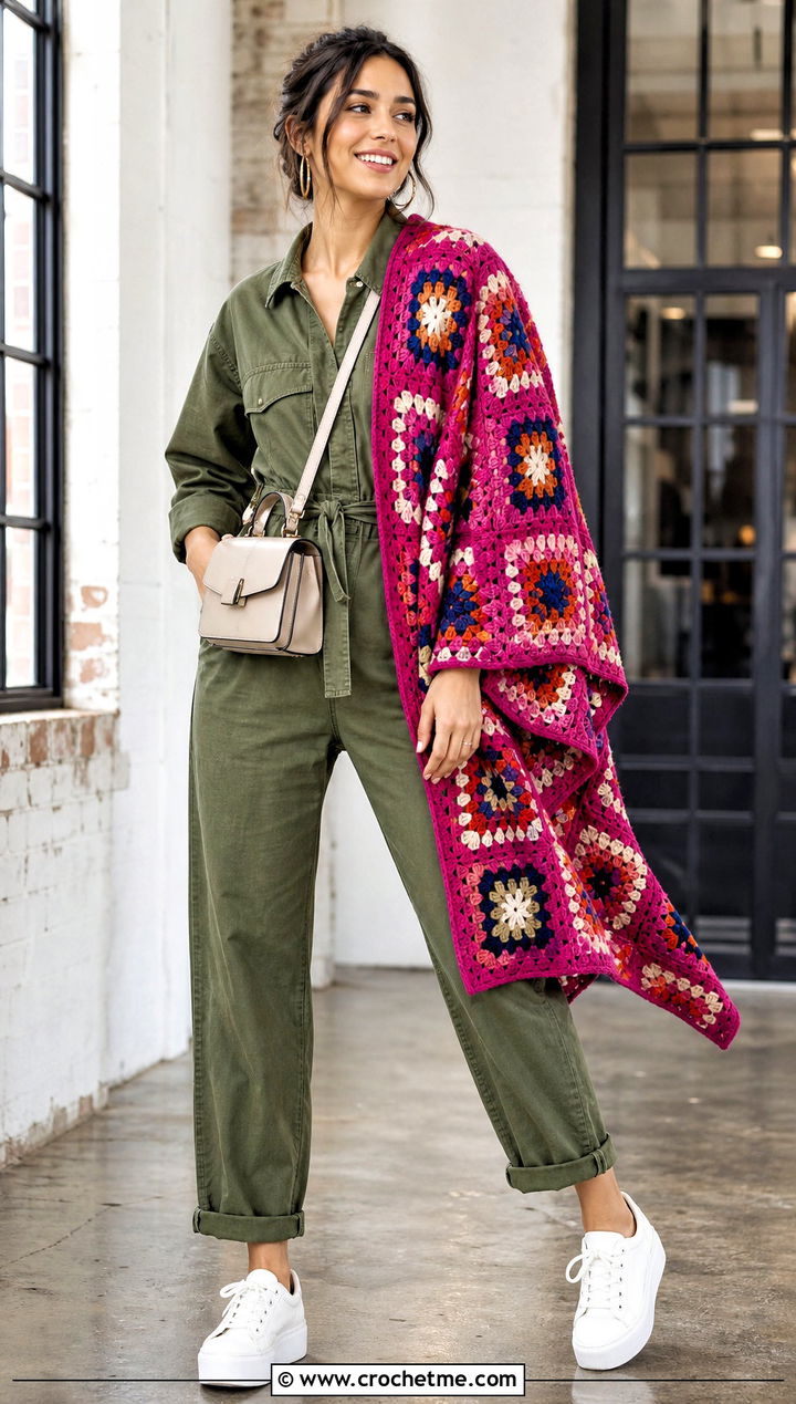 Granny Square Rectangle Wrap With Utility Jumpsuit - 30 simple crochet shawls and wraps outfit ideas