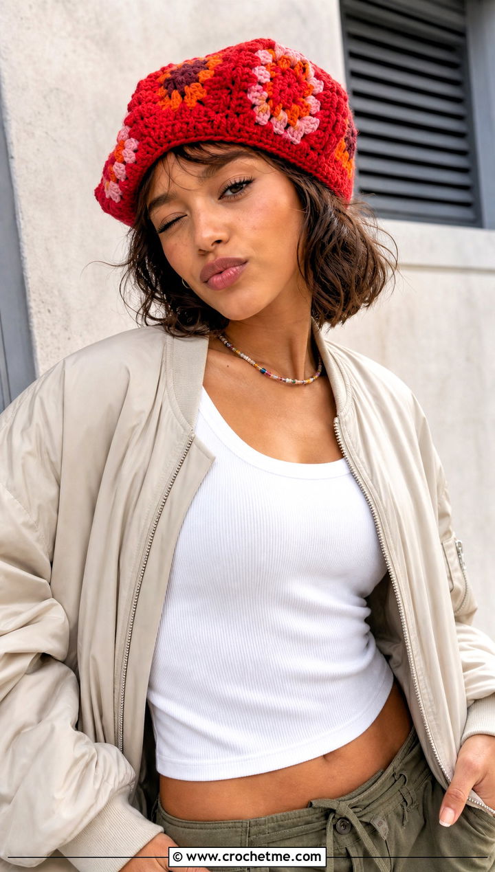 Granny Square Red Crochet Beret With Cargo Pants - 15 red crochet beret outfit ideas