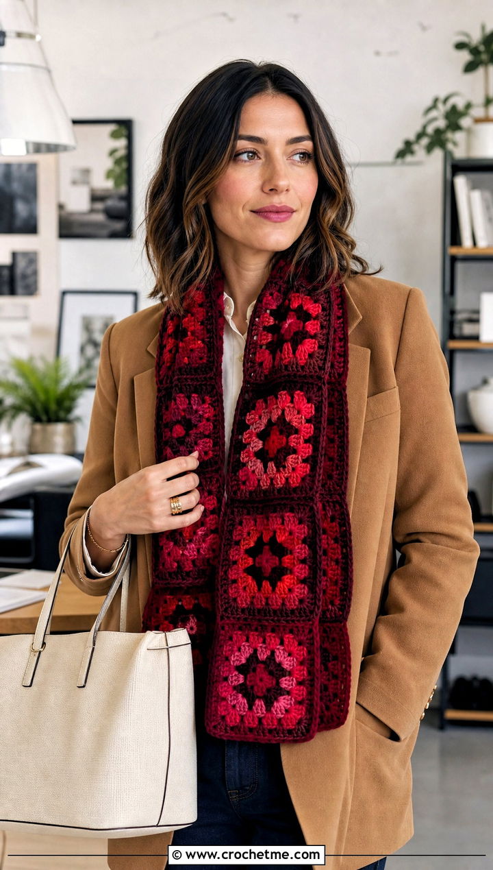 Granny Square Red Crochet Scarf With Blazer And Trousers - 25 taylor swift red crochet scarf outfit ideas