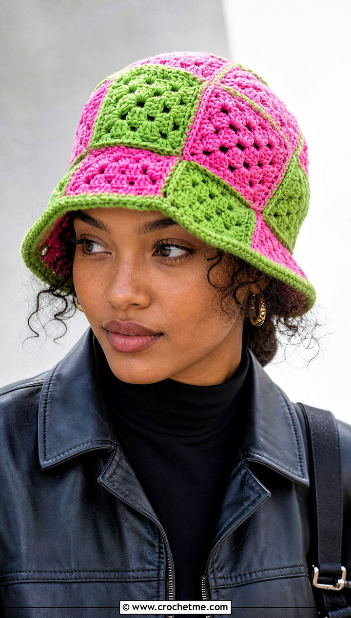 Granny Square Reversible Crochet Beanie With Leather Jacket - 15 Reversible Crochet Beanie outfit ideas