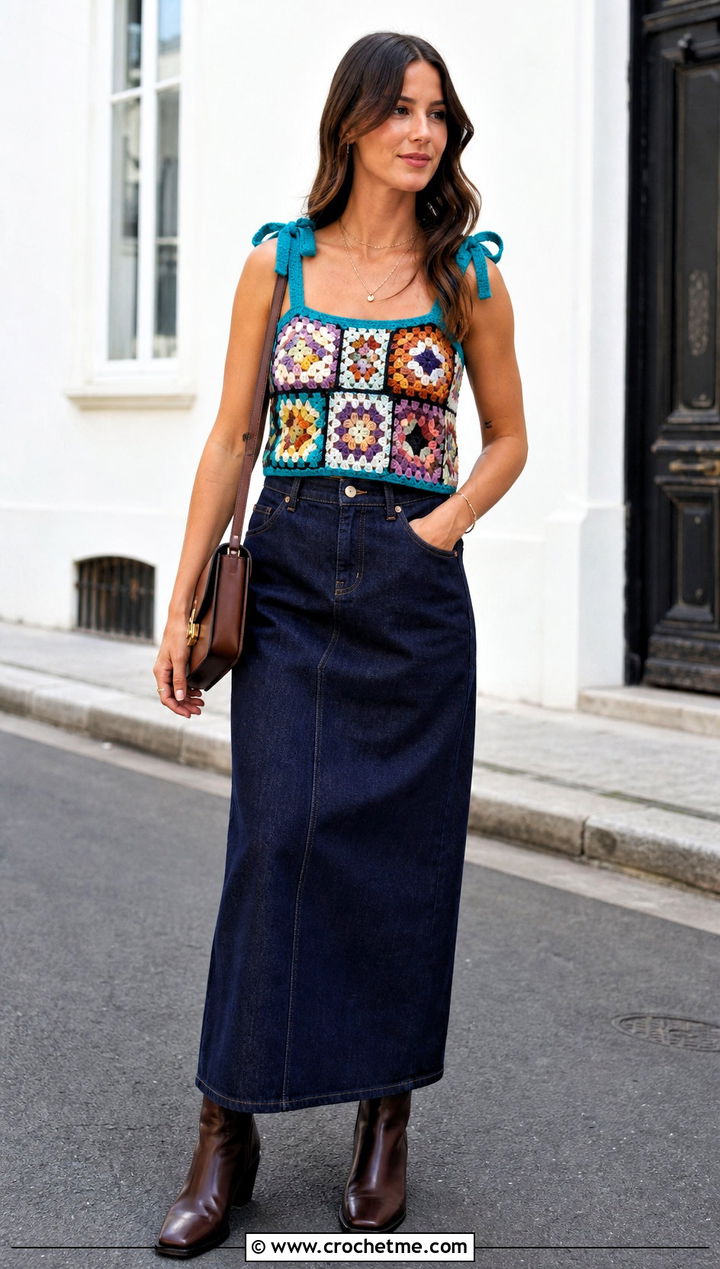 Granny Square Ribbon Crochet Top With Denim Maxi Skirt - 35 crochet top with ribbon outfit ideas
