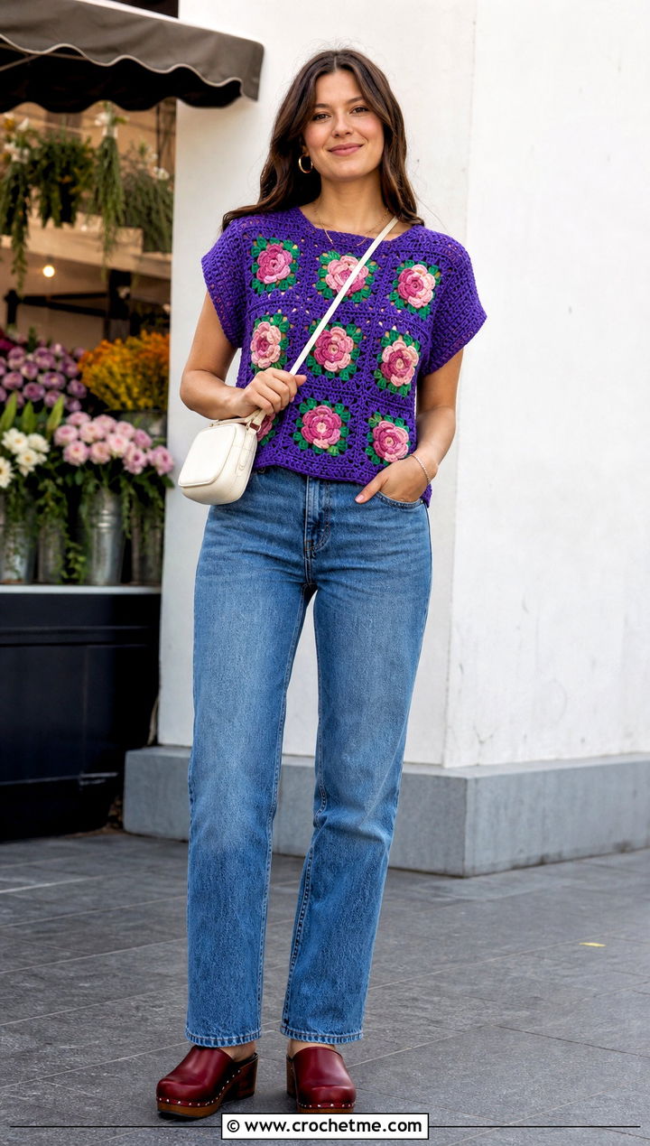 Granny Square Rose Crochet Top With Straight Jeans - 35 crochet rose top outfit ideas