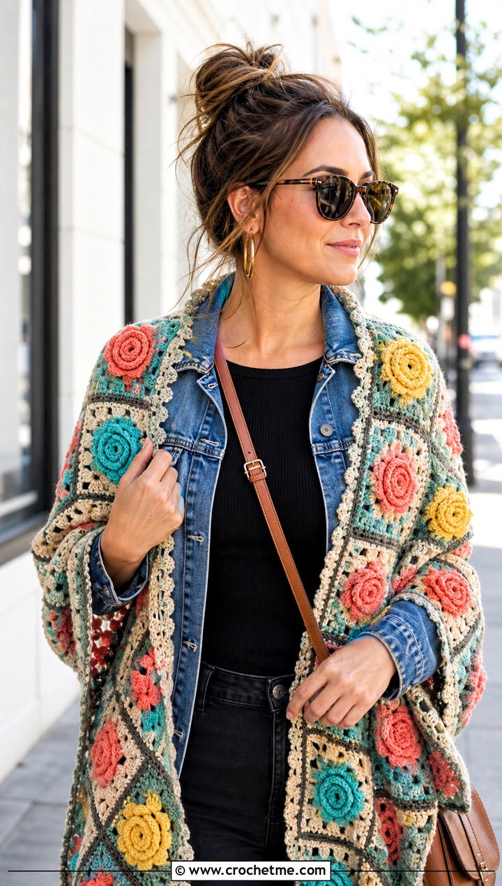 Granny Square Rose Shawl With Denim Jacket - 20 Crochet Rose Shawl outfit ideas
