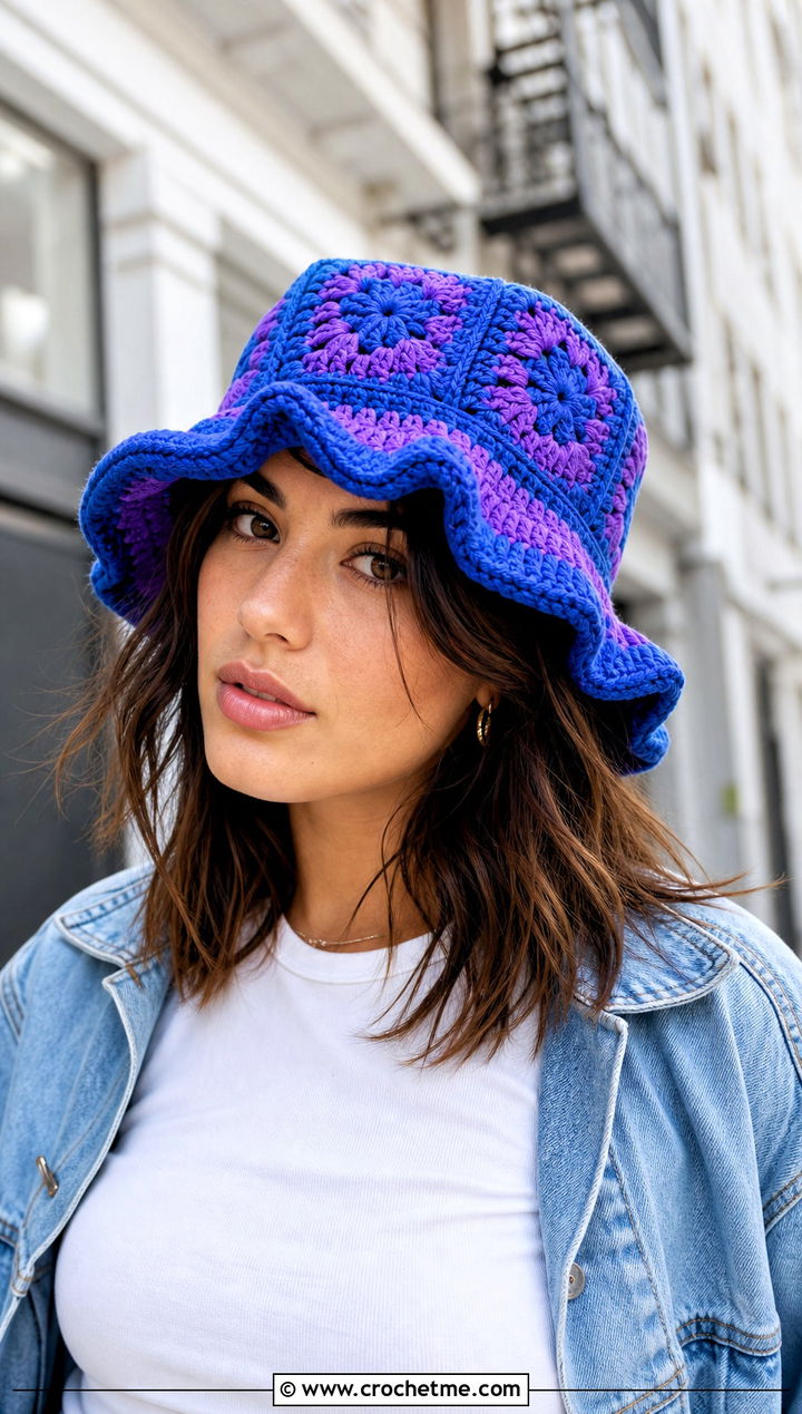Granny Square Ruffle Bucket Hat With Denim Jacket - 25 Crochet Bucket Hat With Ruffles outfit ideas