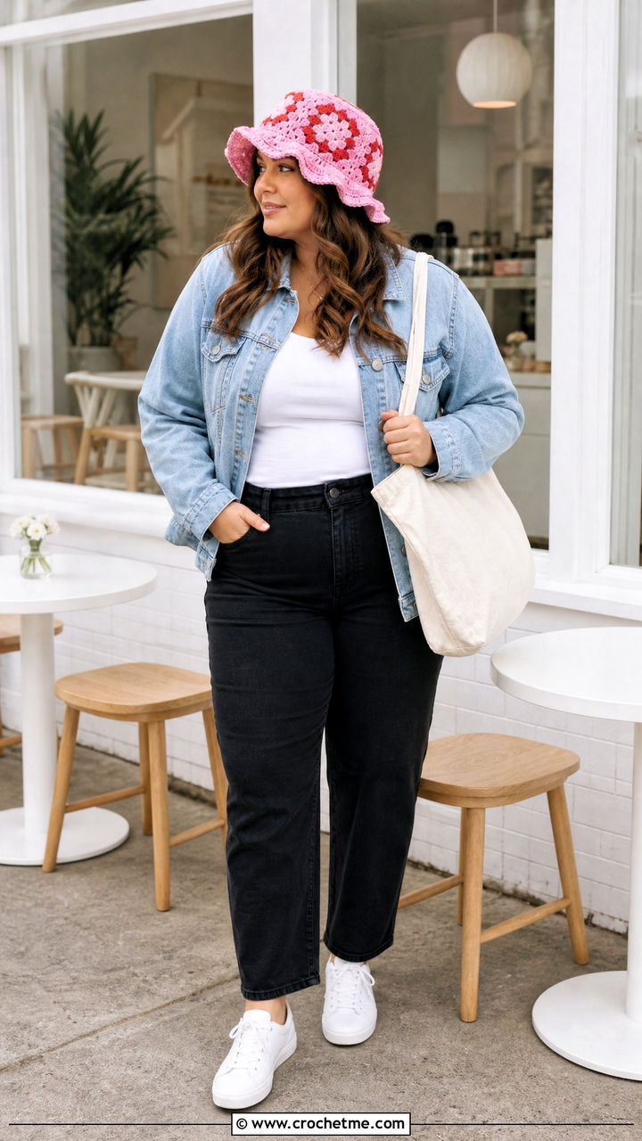 Granny Square Ruffle Hat With Denim Jacket - 35 crochet ruffle hat outfit ideas
