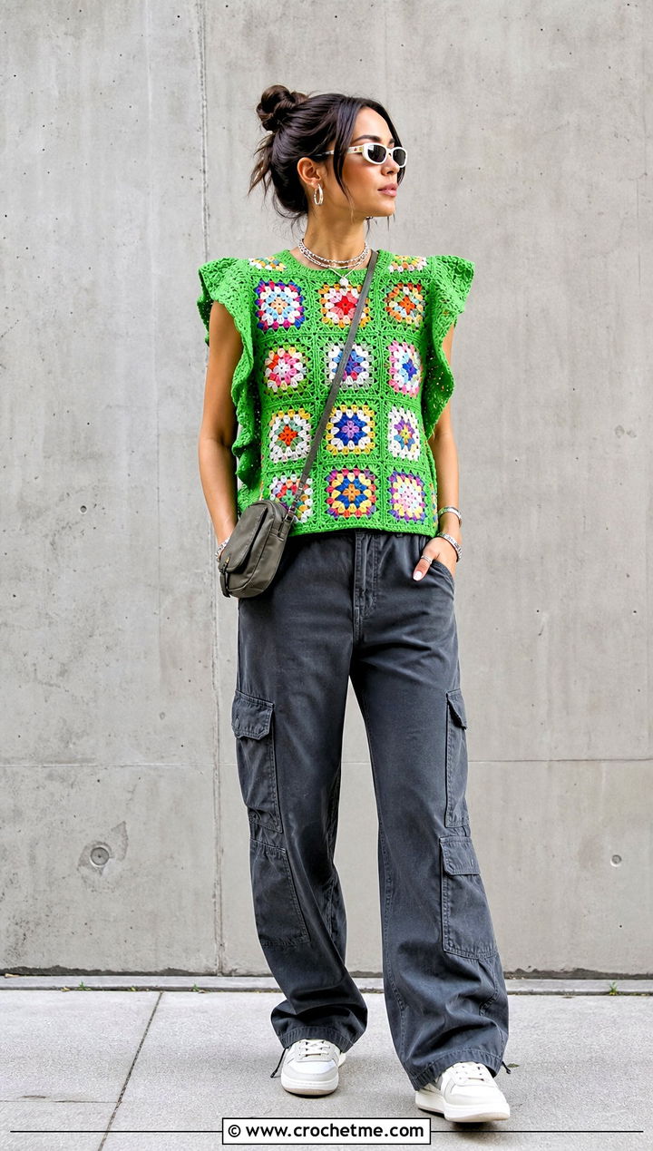Granny Square Ruffle Sleeve Crochet Top With Cargo Pants - 30 crochet ruffle sleeve top outfit ideas