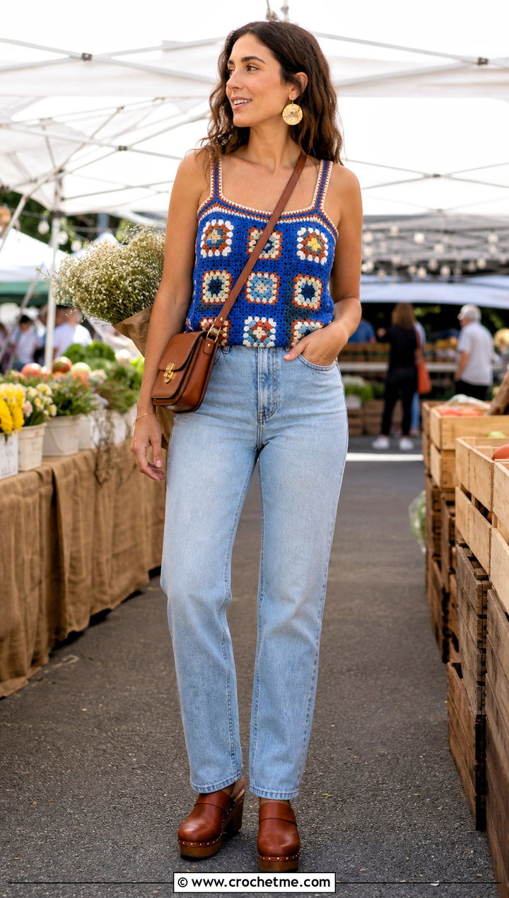 Granny Square Rustic Crochet Tank Top With Straight Leg Jeans - 15 rustic crochet tank top outfit ideas
