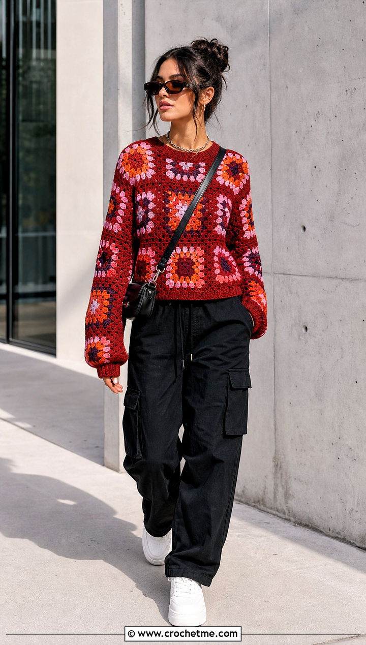 Granny Square Rustic Red Crochet Sweater With Black Cargo Pants - 15 rustic red crochet sweater outfit ideas