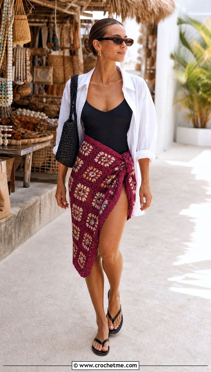 Granny Square Sarong Skirt Cover Up With Oversized Shirt - 15 granny square beach cover up outfit ideas