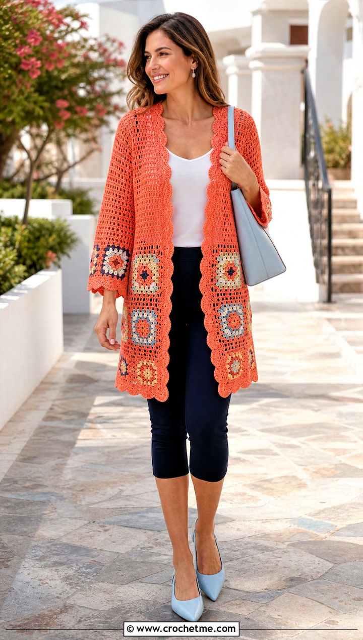 Granny Square Scalloped Cover Up With Capri Pants - 35 granny square cover up outfit ideas