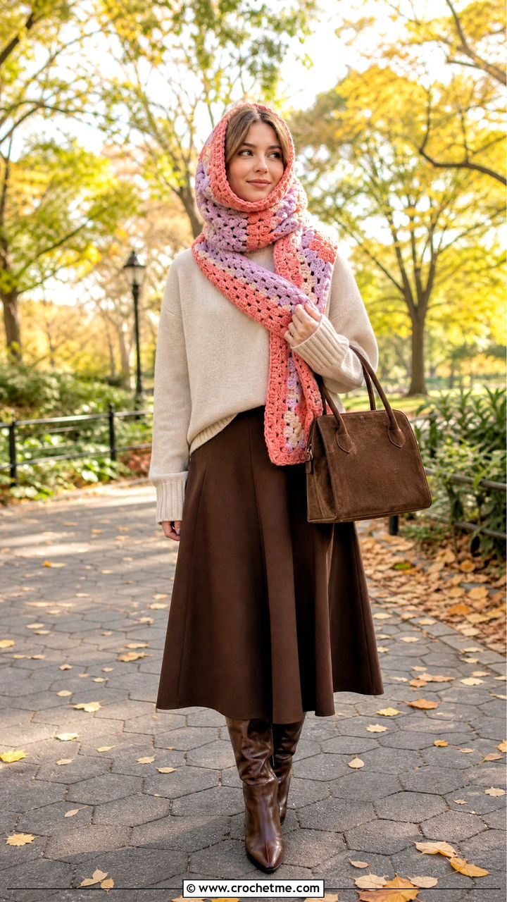 Granny Square Scarf Balaclava With Sweater And Skirt - 35 granny square balaclava outfit ideas