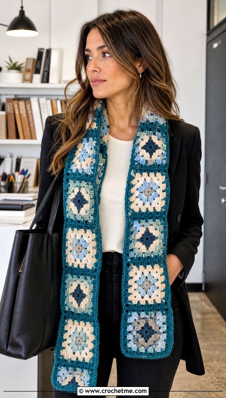 Granny Square Scarf With Black Blazer - 15 wool ease crochet scarf outfit ideas