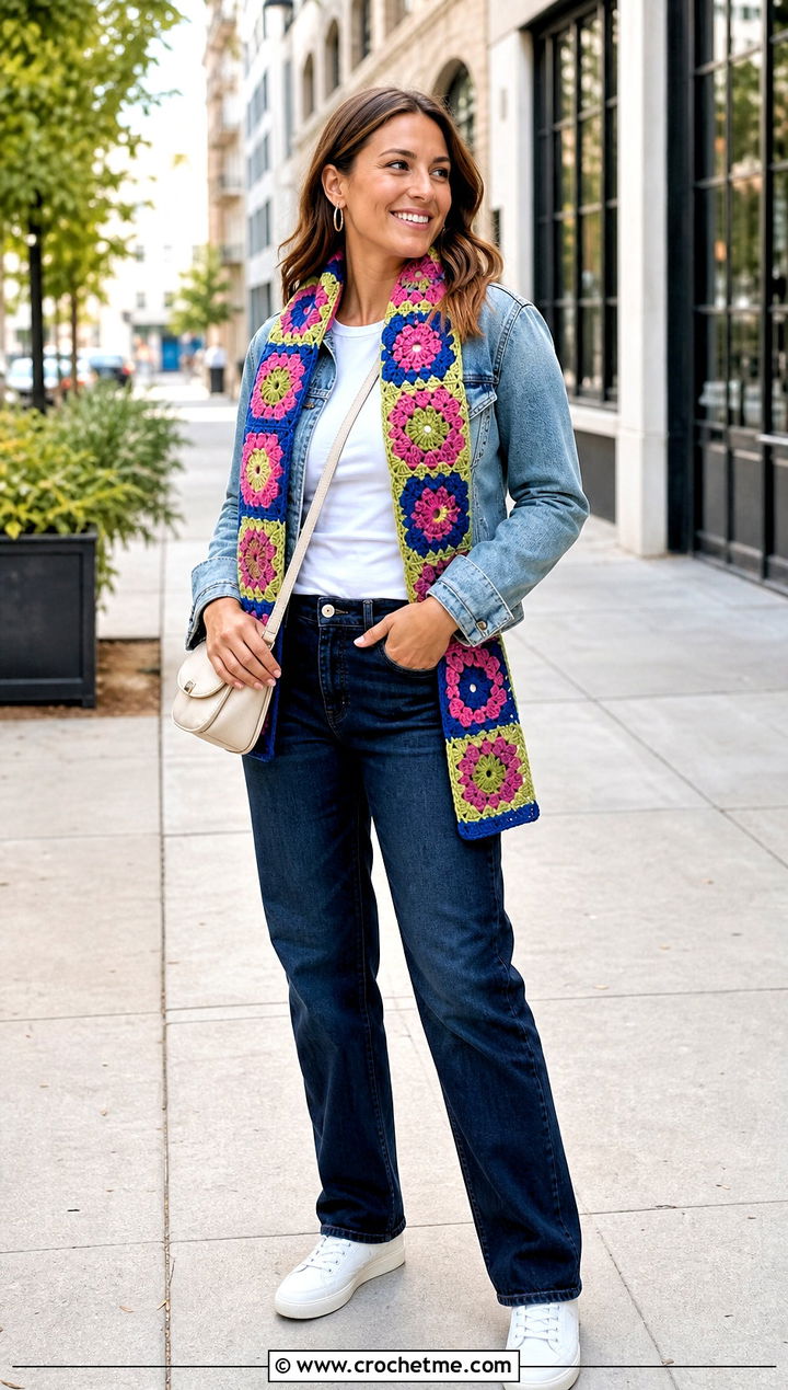Granny Square Scarf With Denim Jacket - 35 granny crochet scarf outfit ideas