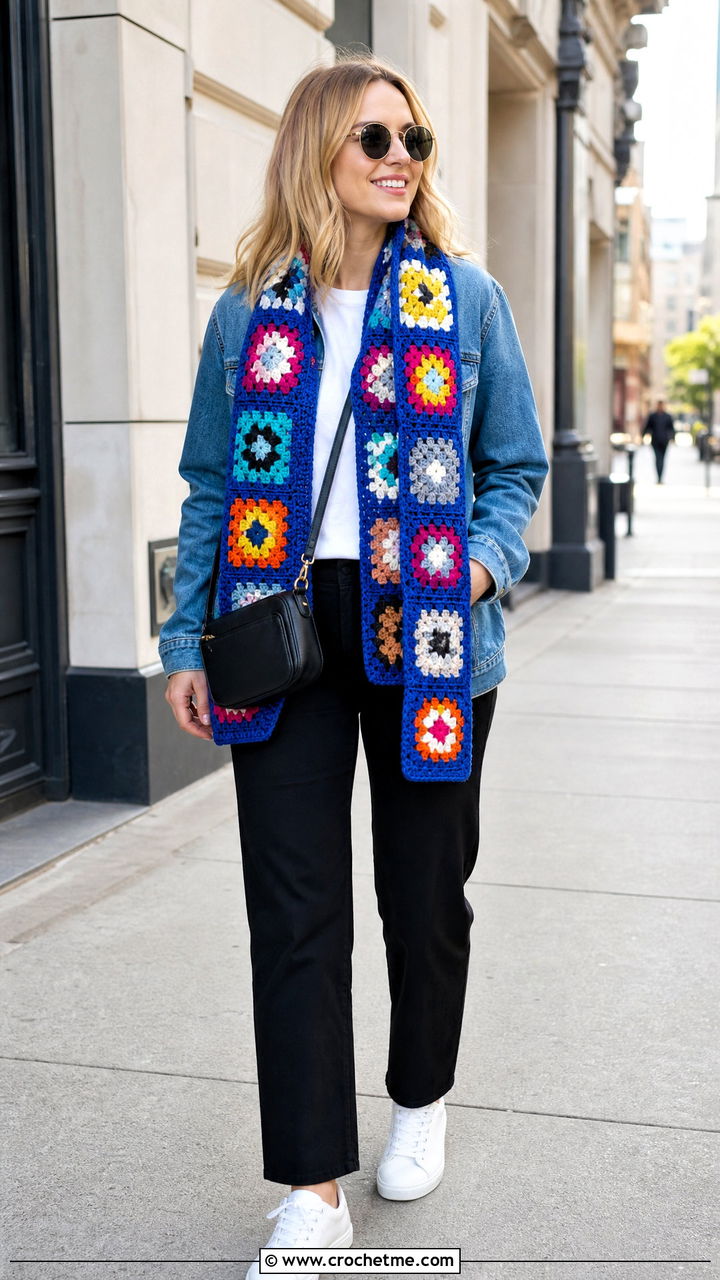 Granny Square Scarf With Denim Jacket - 35 easy crochet scarves outfit ideas
