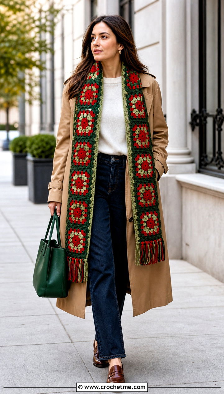 Granny Square Scarf With Trench Coat And Loafers - 35 granny square clothing and outfit ideas