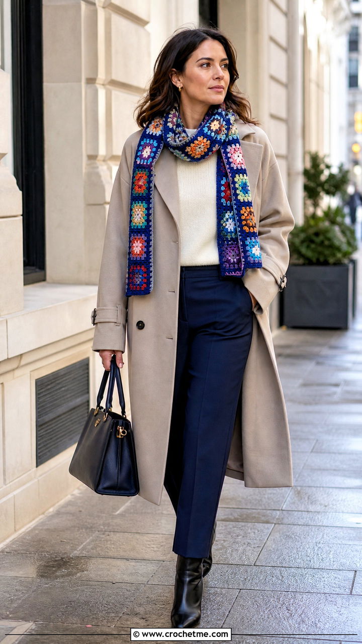 Granny Square Scarf With Trench Coat - 35 crochet winter clothes and outfit ideas