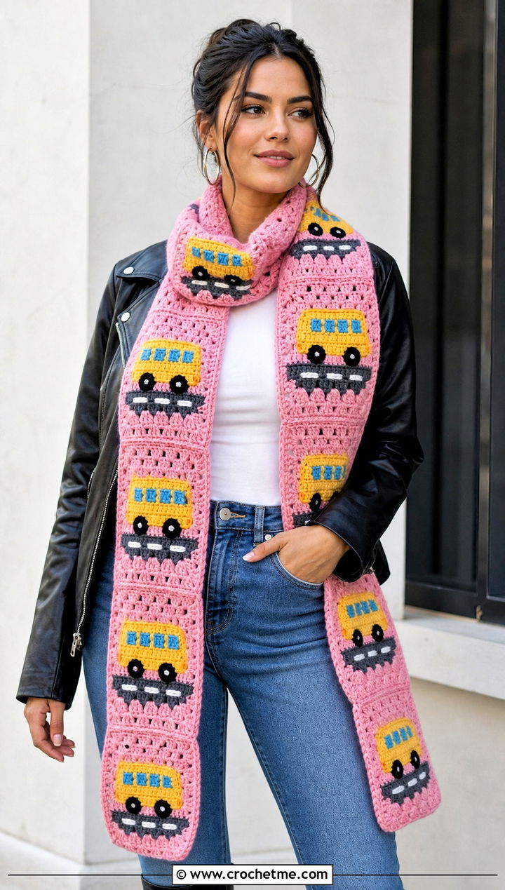 Granny Square School Bus Scarf With Leather Jacket - 25 Crochet School Bus Scarf outfit ideas