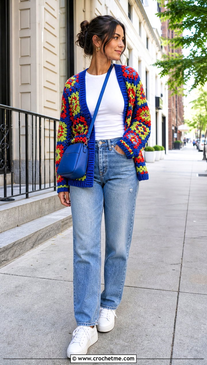 Granny Square Scrap Cardigan With Straight Leg Jeans - 15 Crochet Scrap Cardigan outfit ideas
