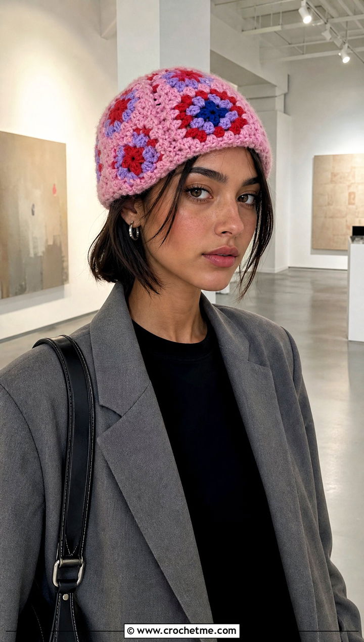 Granny Square Scrap Yarn Crochet Beanie With Blazer - 30 scrap yarn crochet beanie outfit ideas