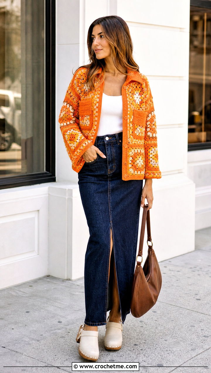 Granny Square Shacket With Denim Maxi Skirt - 30 crochet granny square jacket outfit ideas