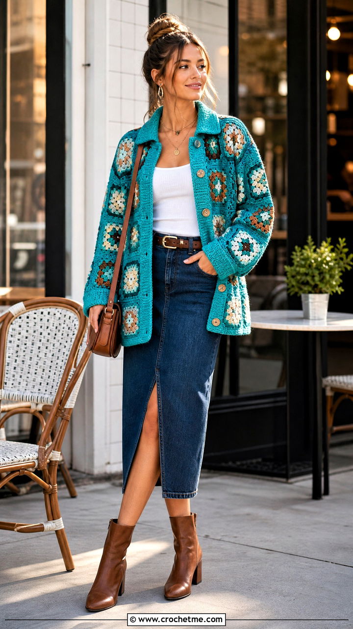 Granny Square Shacket With Denim Midi Skirt - 35 granny square jacket outfit ideas
