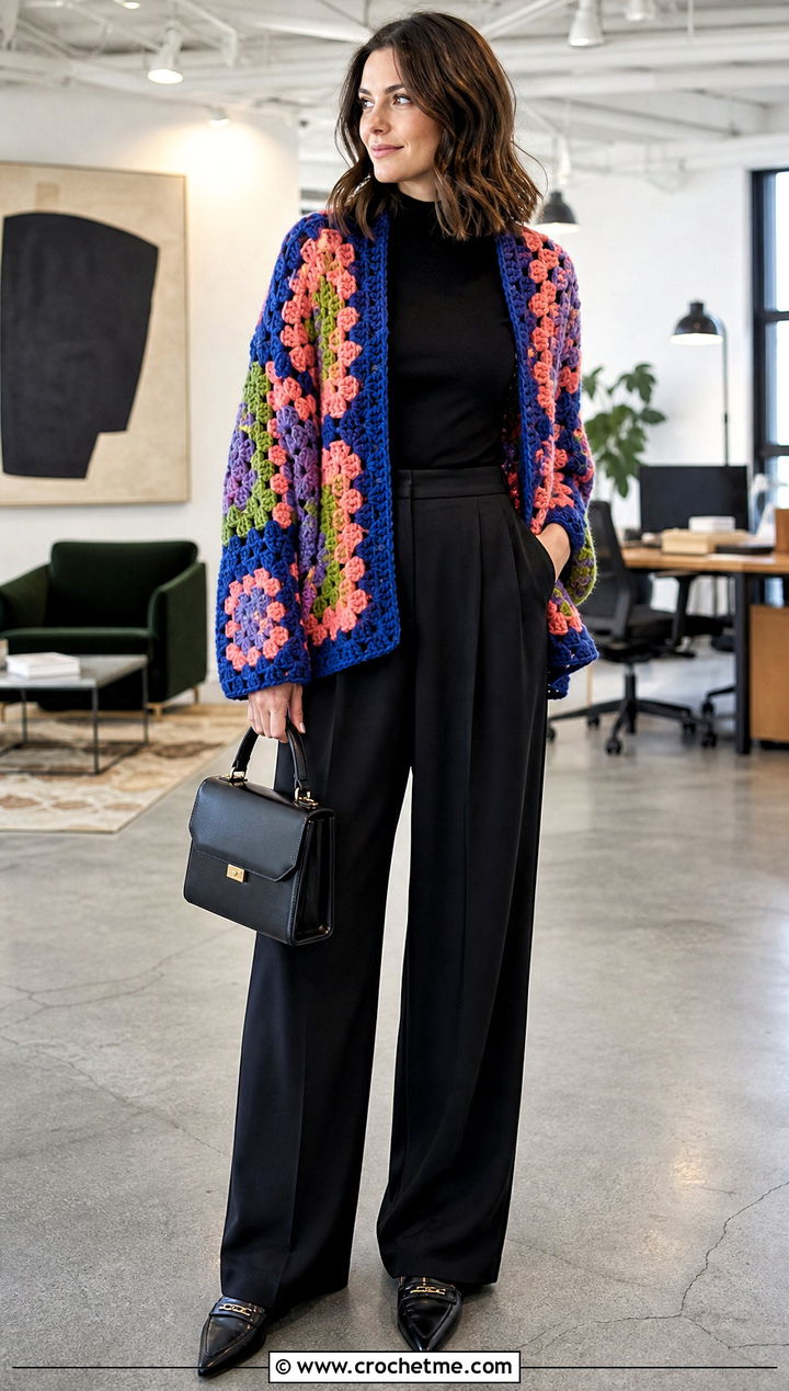 Granny Square Shawl Crochet Cardigan With Black Trousers - 25 Shawl Crochet Cardigan outfit ideas