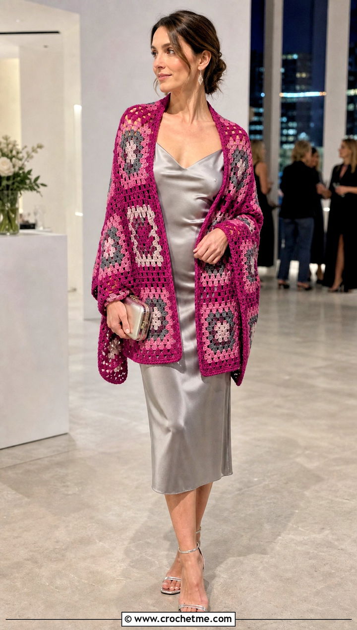 Granny Square Shawl Scarf With Slip Dress - 35 granny crochet scarf outfit ideas